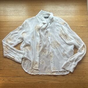 Zara White and Cream Floral Blouse